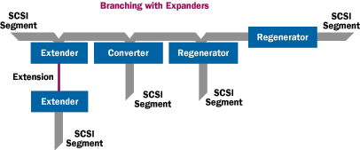Branching with SCSI Expanders. Expanders allow all devices within the domain to communicate as if there is no segmentation of the domain.